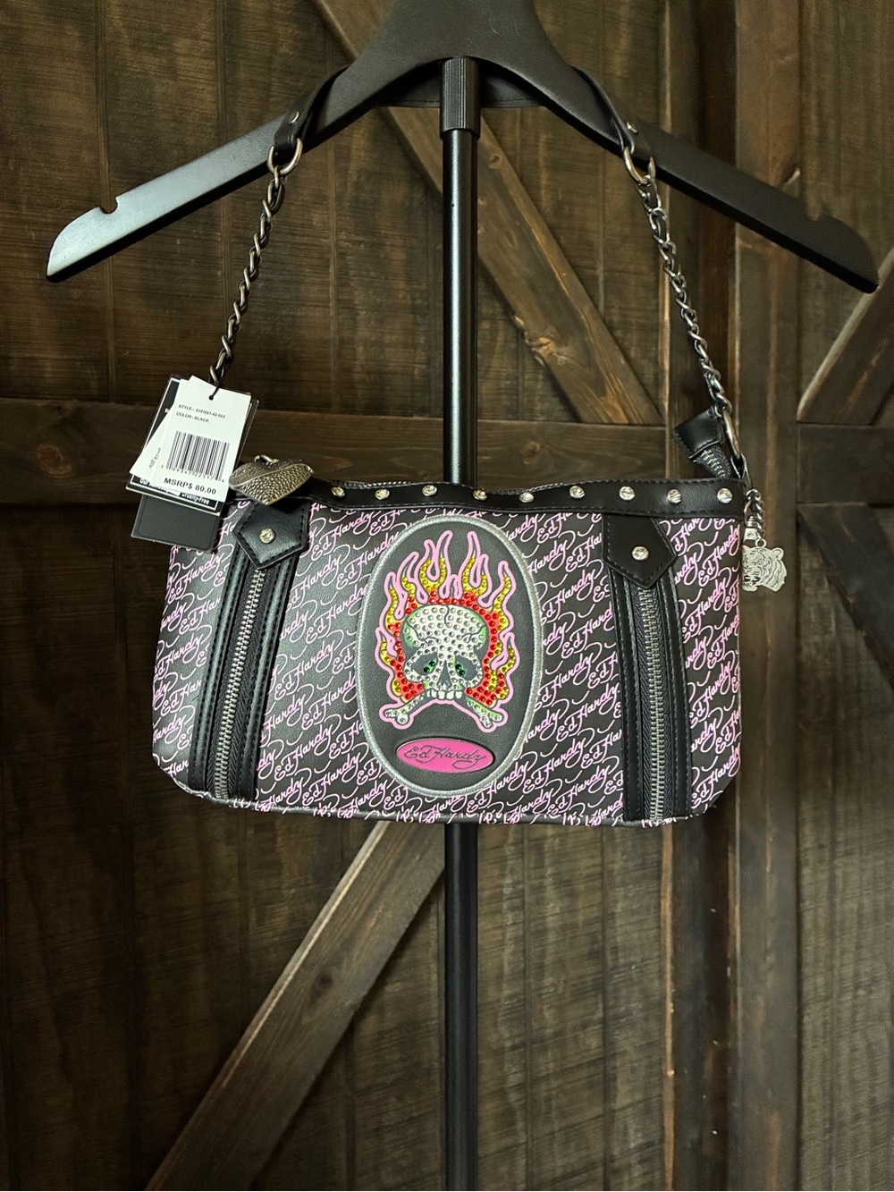 Ed Hardy Black & Pink Skull Flame Chain-Handle Shoulder Bag with Stud Accents
